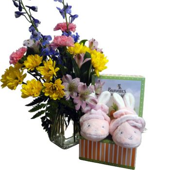 Fresh Flowers and Pink Bunny Baby Booties