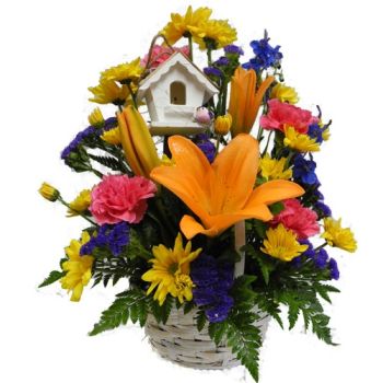 Mixed flowers in basket mini birdhouse