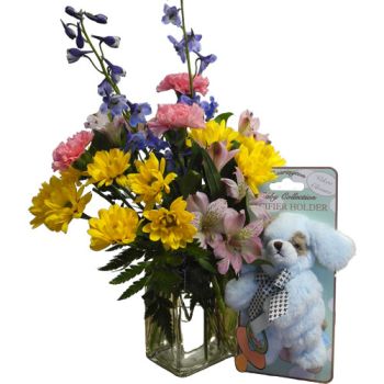 Beau the Blue Puppy and Fresh Flowers