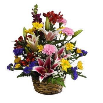 stargazer lily mixed flowers wicker basket